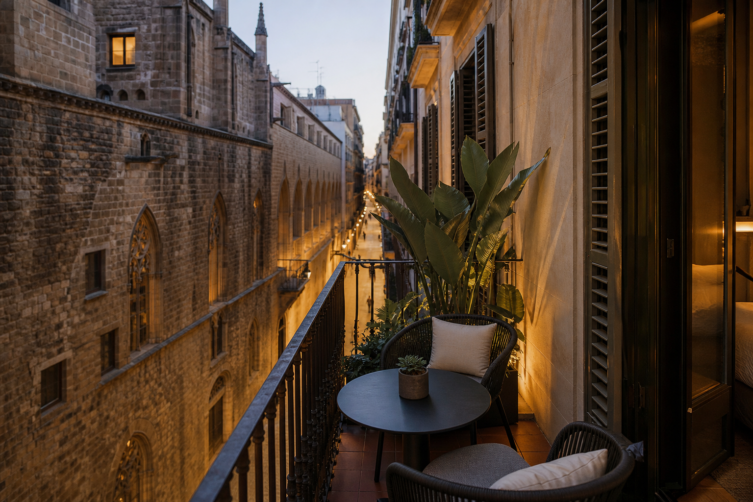 An elegant boutique hotel balcony overlooks a warmly lit Gothic Quarter street in Barcelona at dusk.