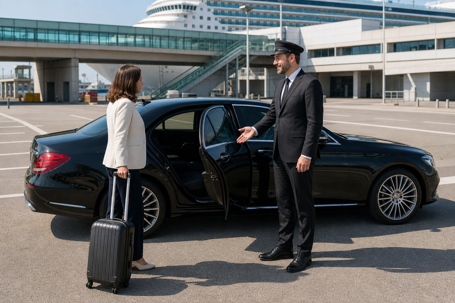 A chauffeur in a dark suit stands beside a black sedan with its rear door already open outside a Barcelona cruise terminal.