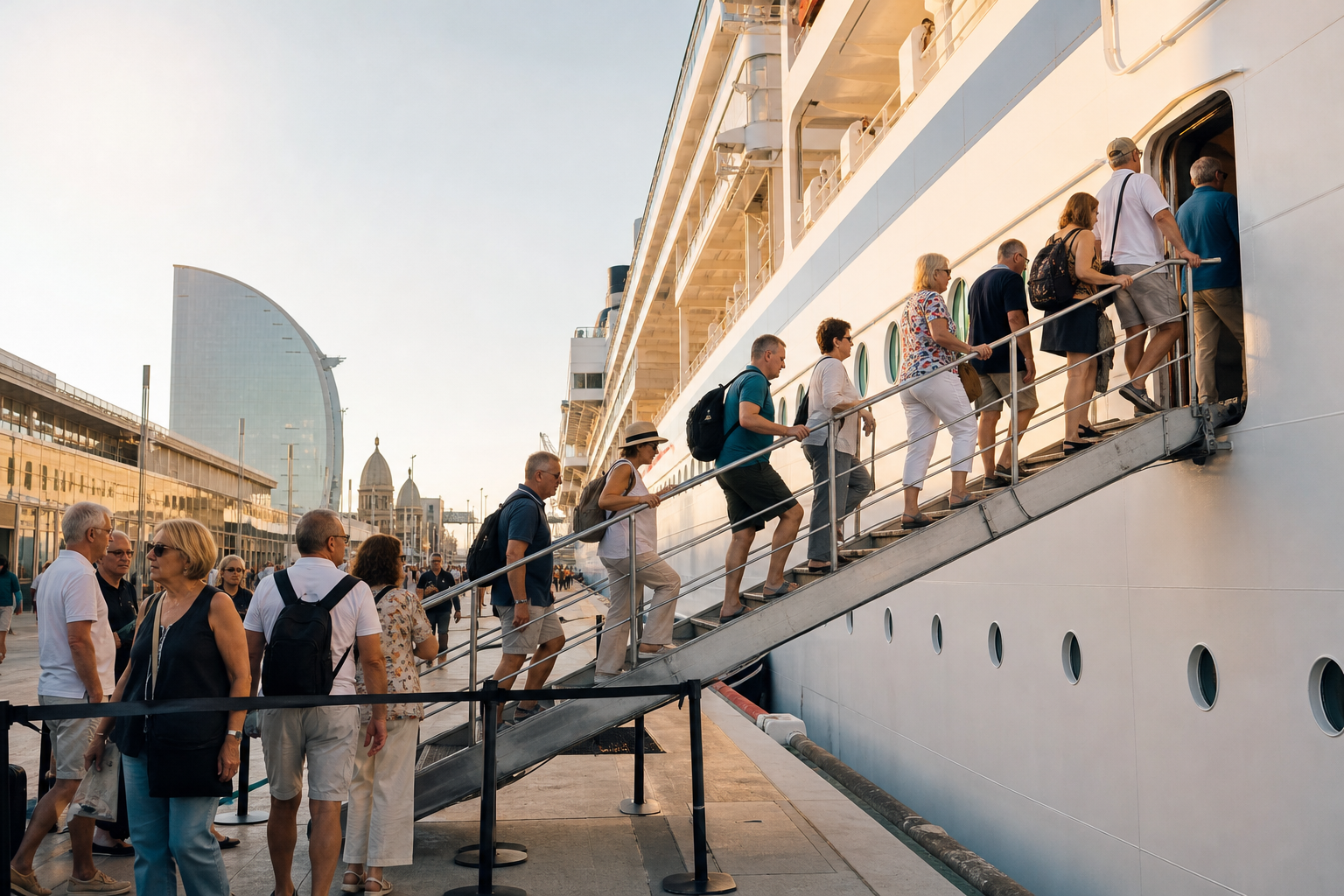 Cruise passengers walk up a gangway to board a large ship at Barcelona port in late afternoon sun.