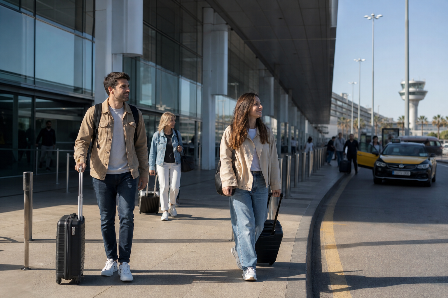 Travelers with luggage leave Barcelona El Prat airport terminal and head toward a taxi rank in bright daylight.