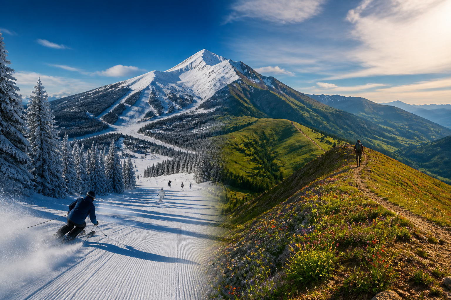 Big Sky Montana scenery shifting from winter ski slopes to lush summer meadows