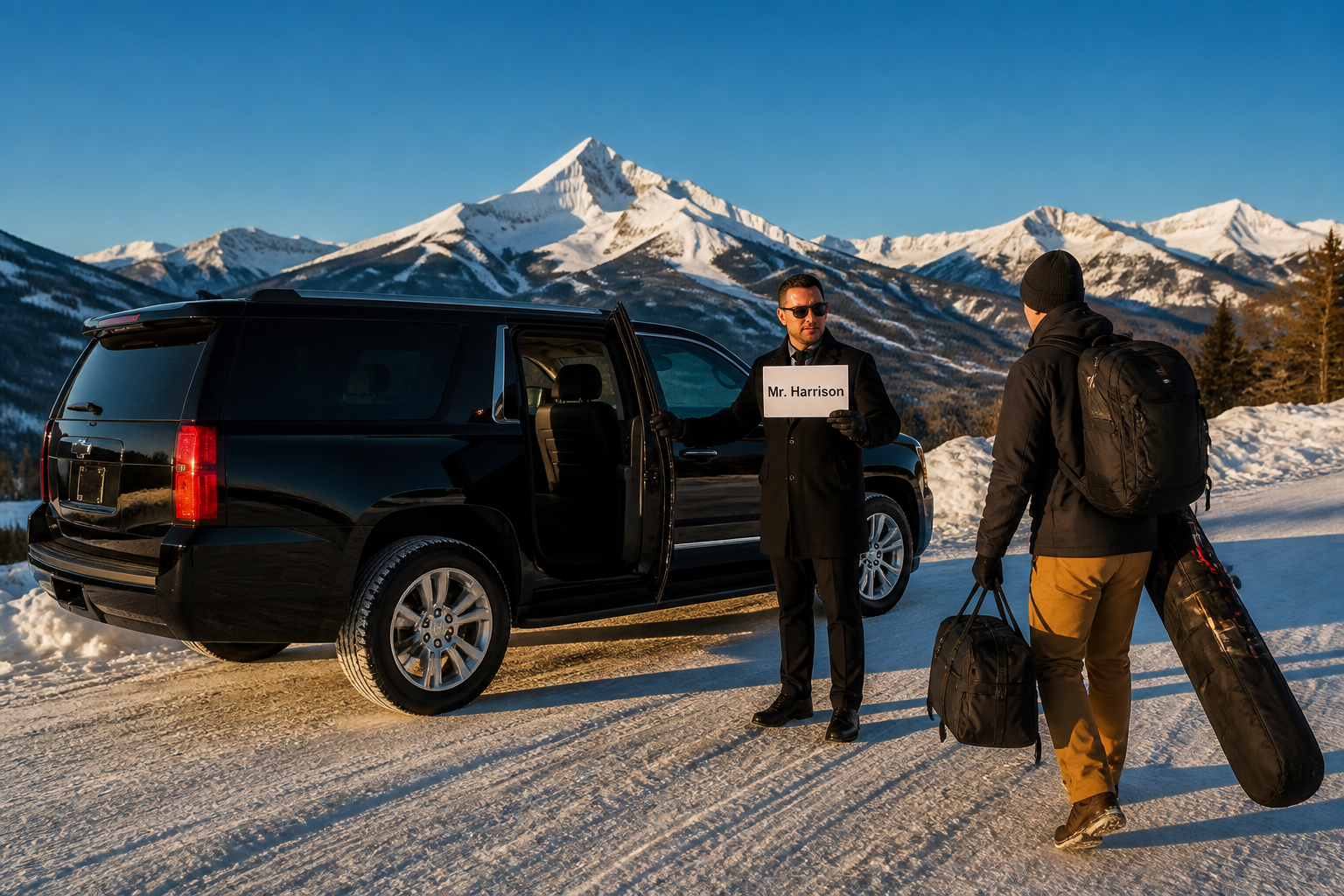 Ground transport shuttle arriving at Big Sky Montana resort area