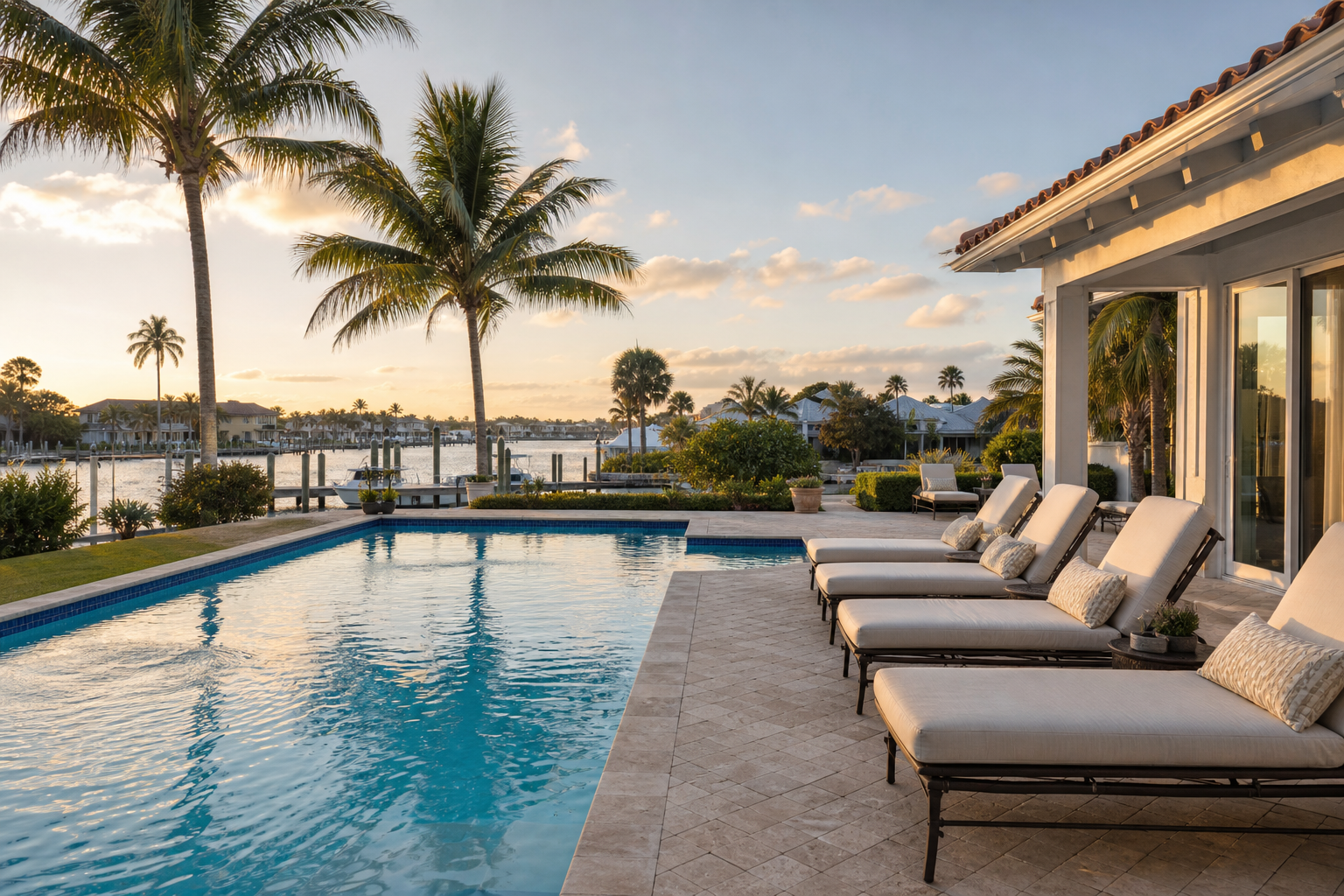 Florida vacation home pool terrace at golden hour with lounge chairs, palm trees and a clear sky.
