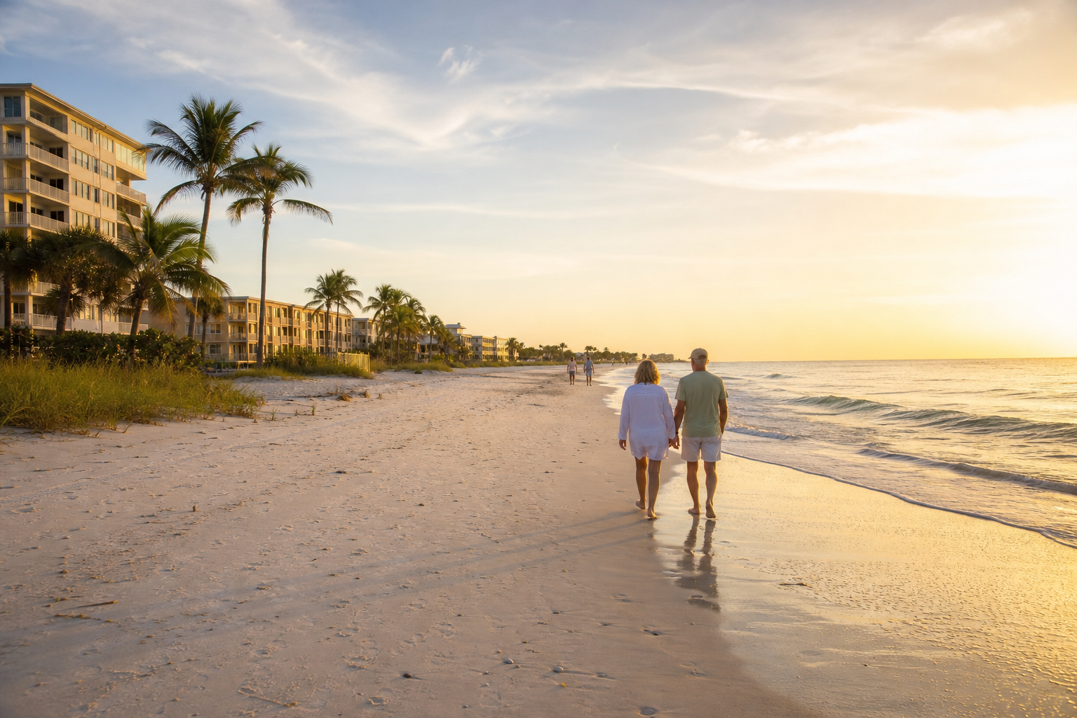 Quiet Gulf Coast beach at sunset with a few walkers, palm trees and low-rise condos in the distance.