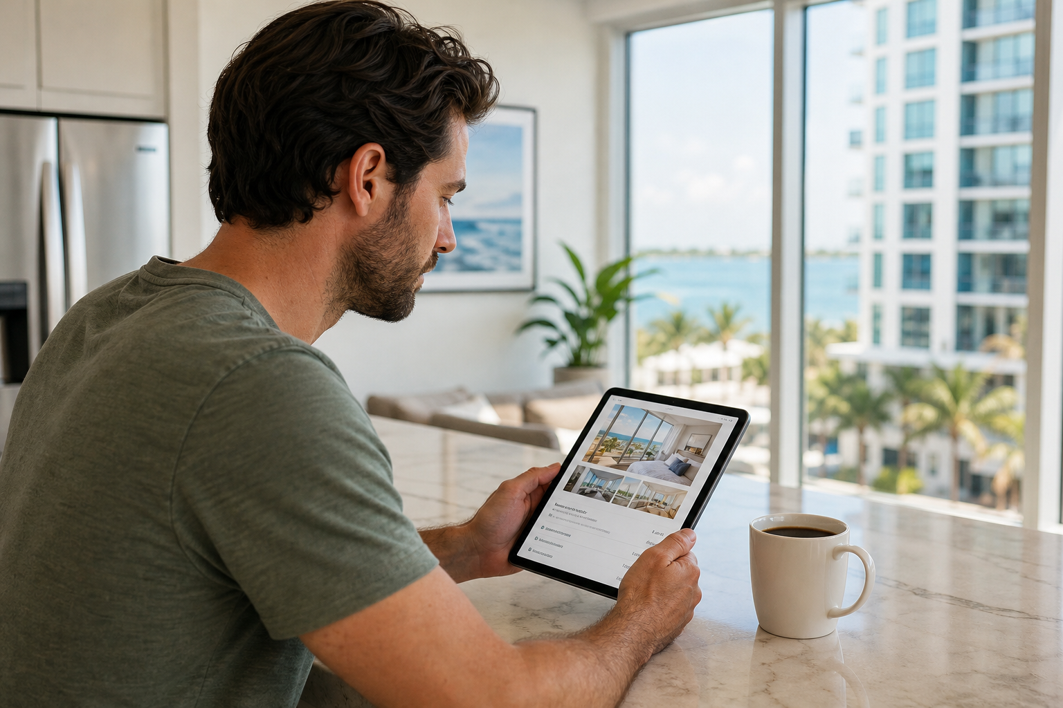 Traveler reviewing a rental booking summary on a tablet at a kitchen counter in a sunny Florida apartment.