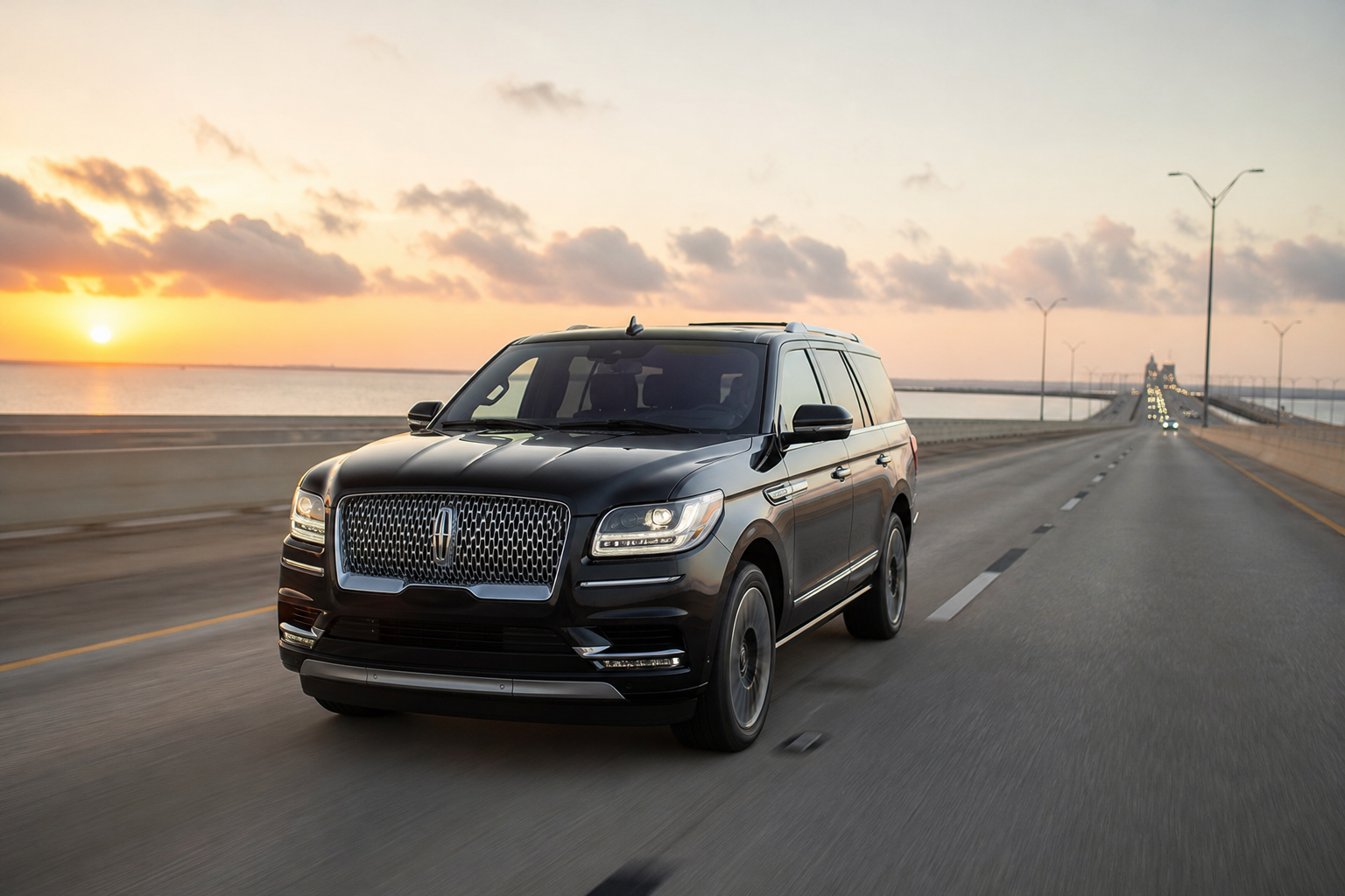 Lincoln Navigator driving on Interstate 45 toward the Galveston Causeway at sunrise across the Gulf Coast landscape.
