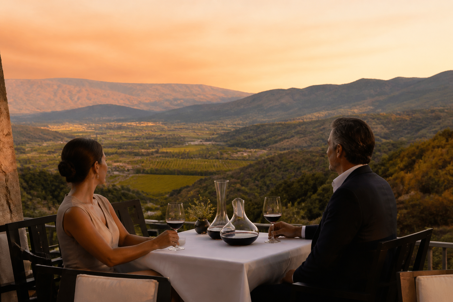 Luxury Napa Valley hotel pool and terrace with panoramic views of rolling vineyard landscapes