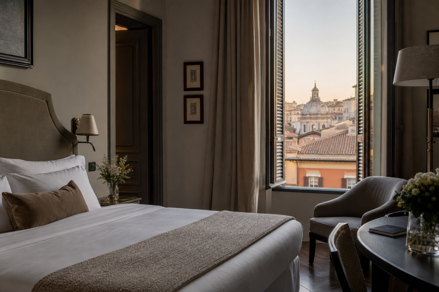 Elegant boutique hotel room in Rome with tall shuttered windows opening to terracotta rooftops at dawn.