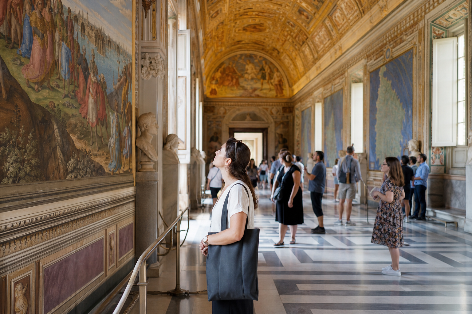Visitors entering a grand Renaissance gallery hall with high painted ceilings lit by soft light.